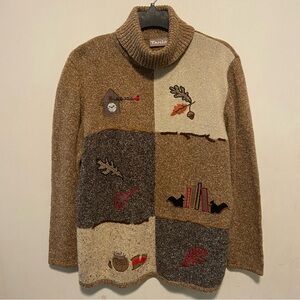Tanjay Women’s Sweater Size Medium Patchwork Leaves Fall Autumn Grandma Core